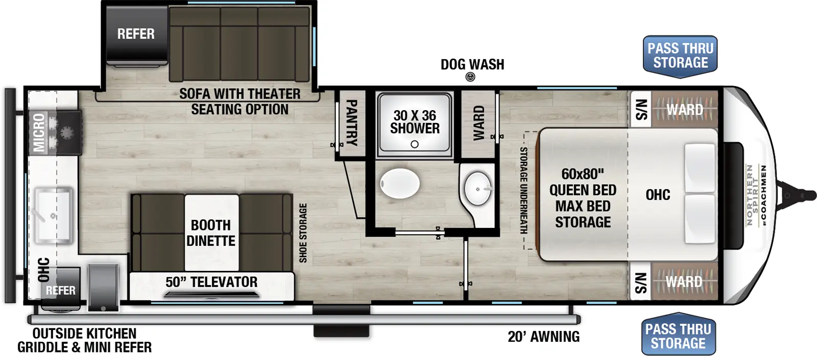 The Northern Spirit 2560RK floorplan has one entry and one slide out. Exterior features include: fiberglass exterior, 20' awning and outside kitchen. Interiors features include: rear kitchen and front bedroom.